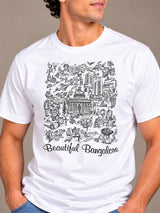 Beautiful Bangalore white t-shirt by Offbeat, close-up of the illustration