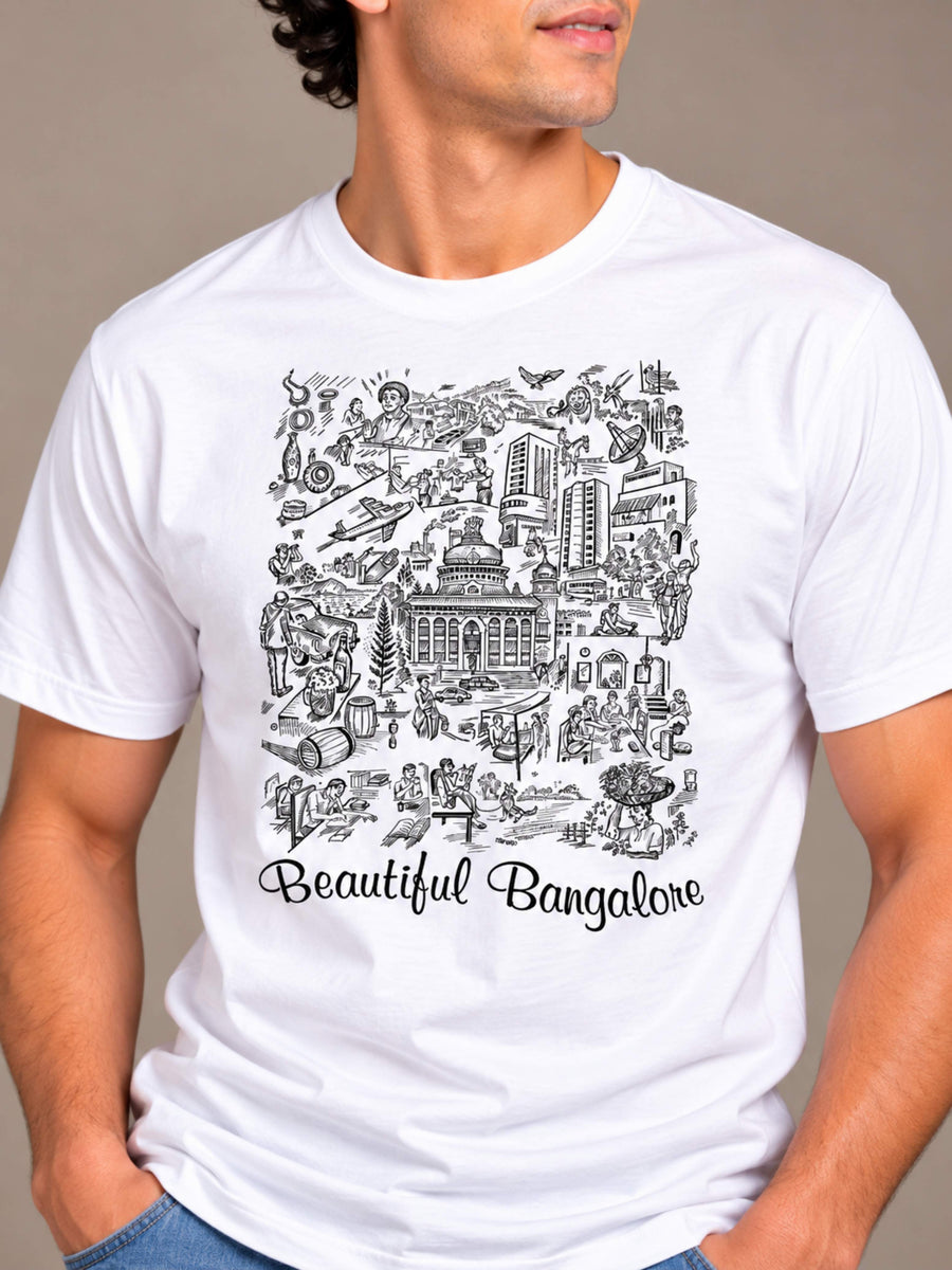 Beautiful Bangalore white t-shirt by Offbeat, close-up of the illustration