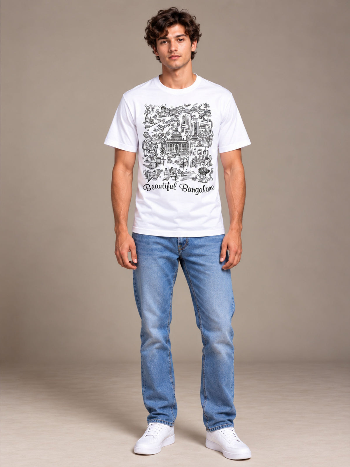 Beautiful Bangalore white t-shirt by Offbeat, worn by a model
