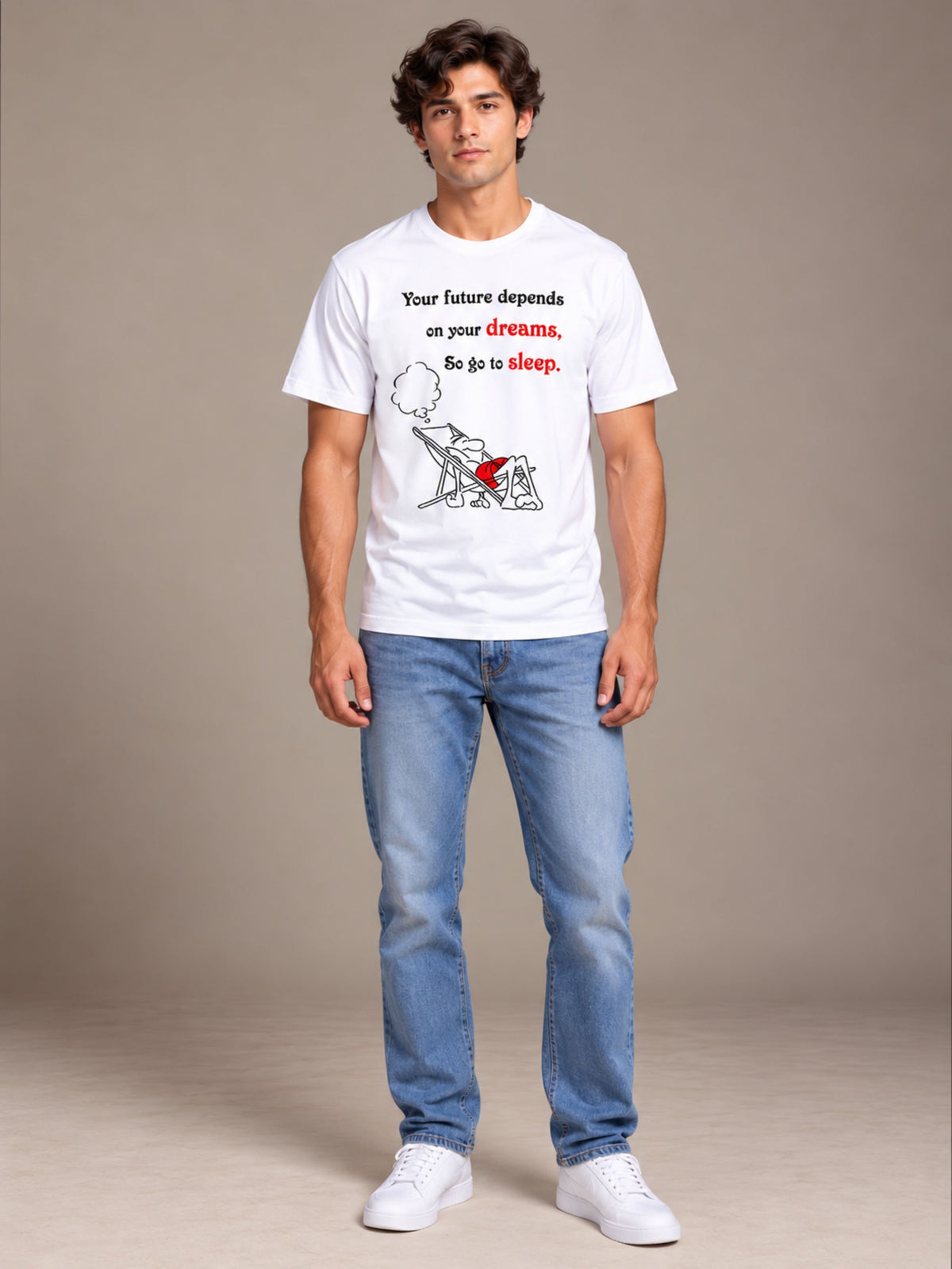Your Future Depends On Your Dreams, So Go To Sleep white t-shirt by Offbeat, worn by a model