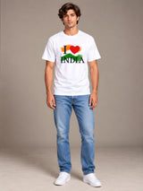 I Love India white t-shirt by Offbeat, worn by a model