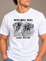 Incredible India white t-shirt by Offbeat, close-up of the illustration