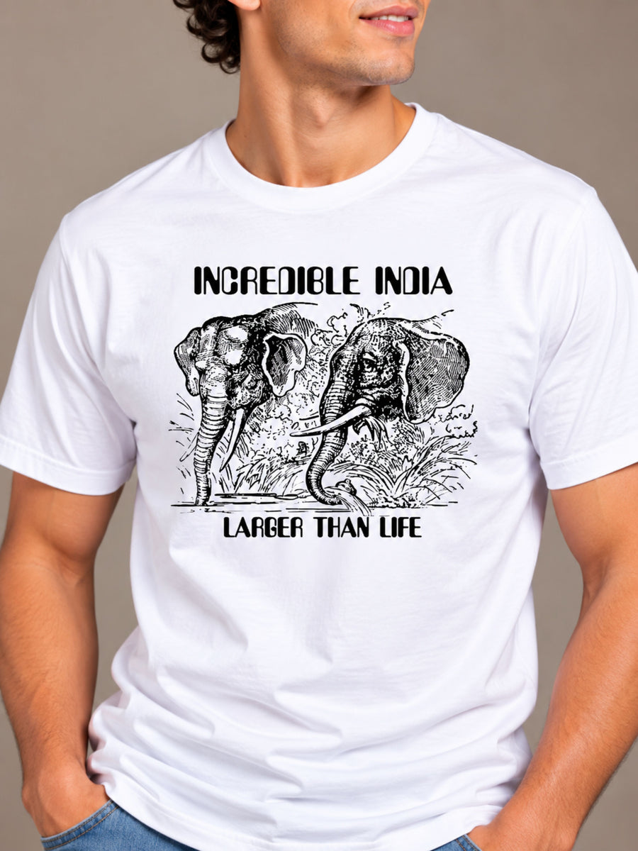 Incredible India white t-shirt by Offbeat, close-up of the illustration