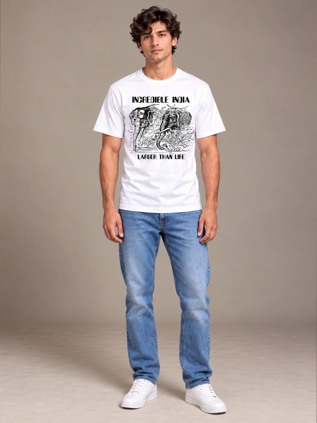 Incredible India white t-shirt by Offbeat, worn by a model