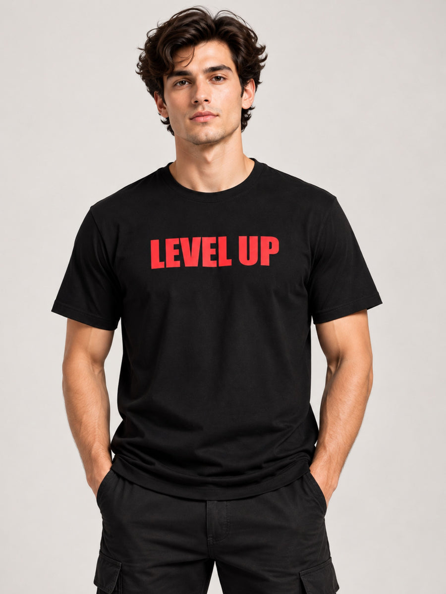 OFFBEAT Level up - Black t-shirt, front view