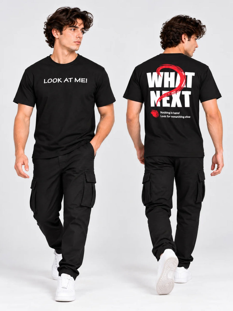 OFFBEAT Look at me what next - Black t-shirt, front back view