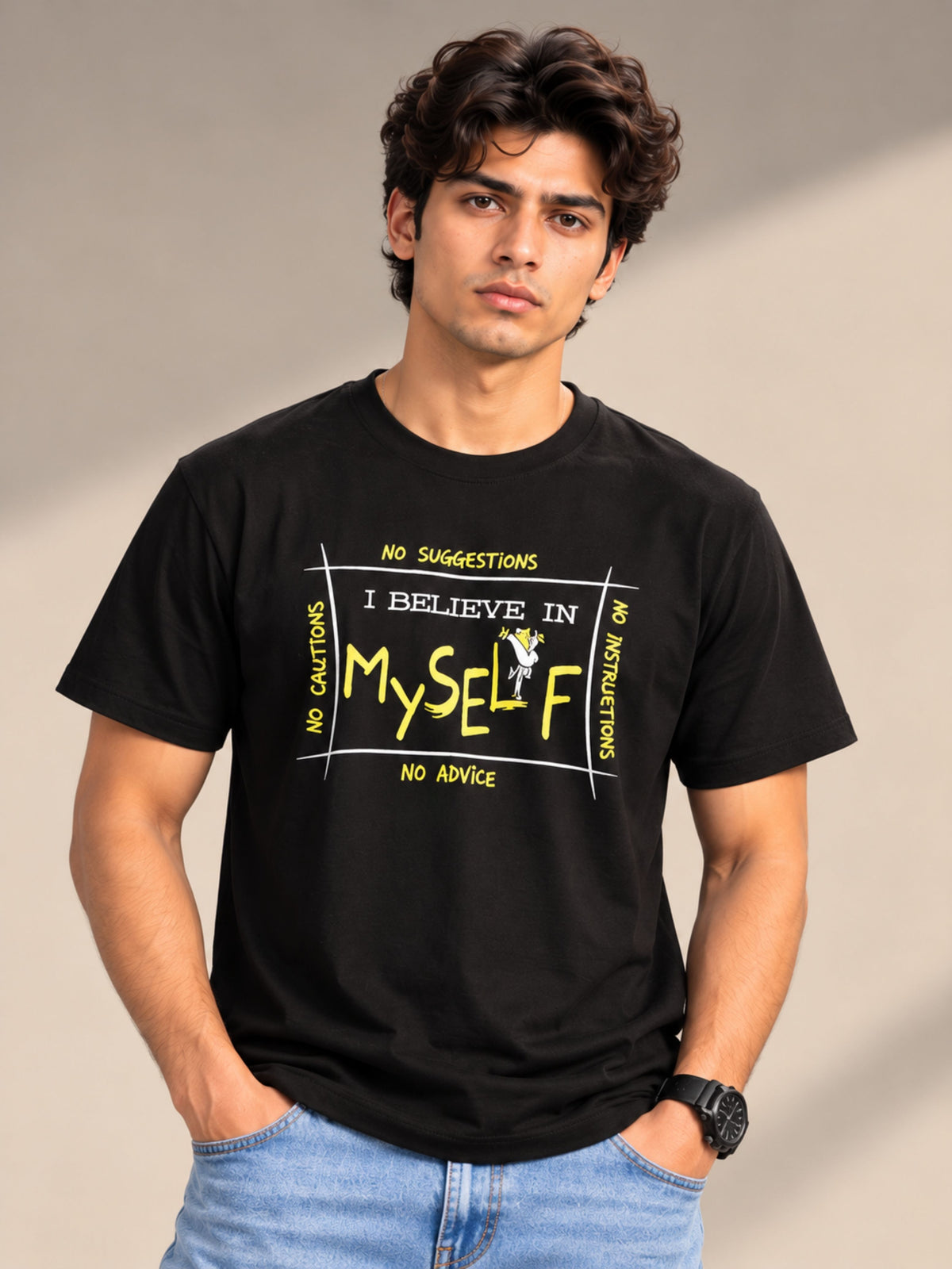 No Cautions, No Suggestions, No Instructions, No Advice. I Believe In Myself black t-shirt by Offbeat, front view