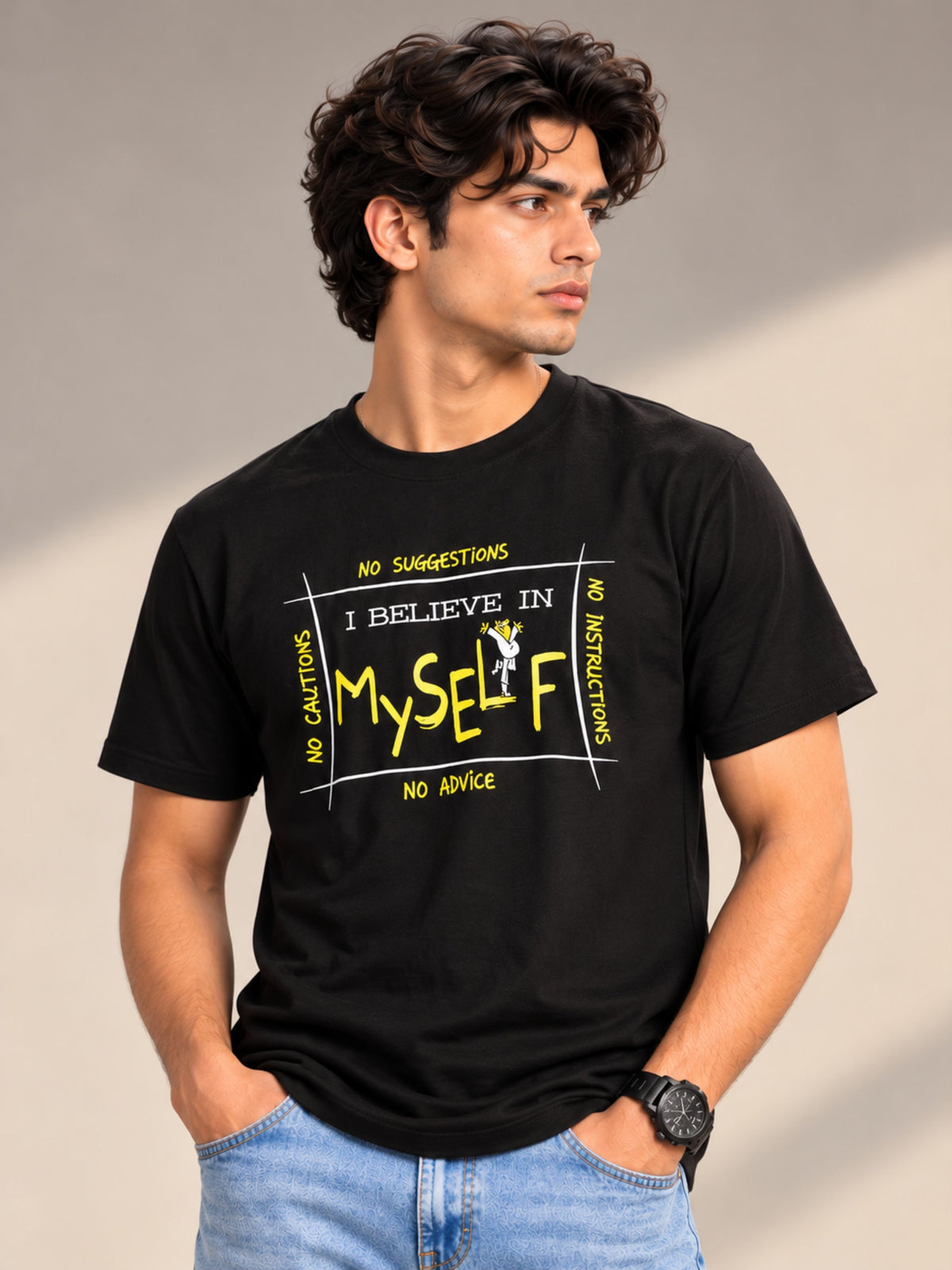 No Cautions, No Suggestions, No Instructions, No Advice. I Believe In Myself black t-shirt by Offbeat, left side