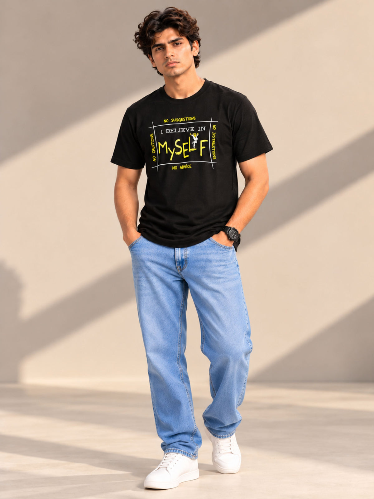 No Cautions, No Suggestions, No Instructions, No Advice. I Believe In Myself black t-shirt by Offbeat, worn by a model