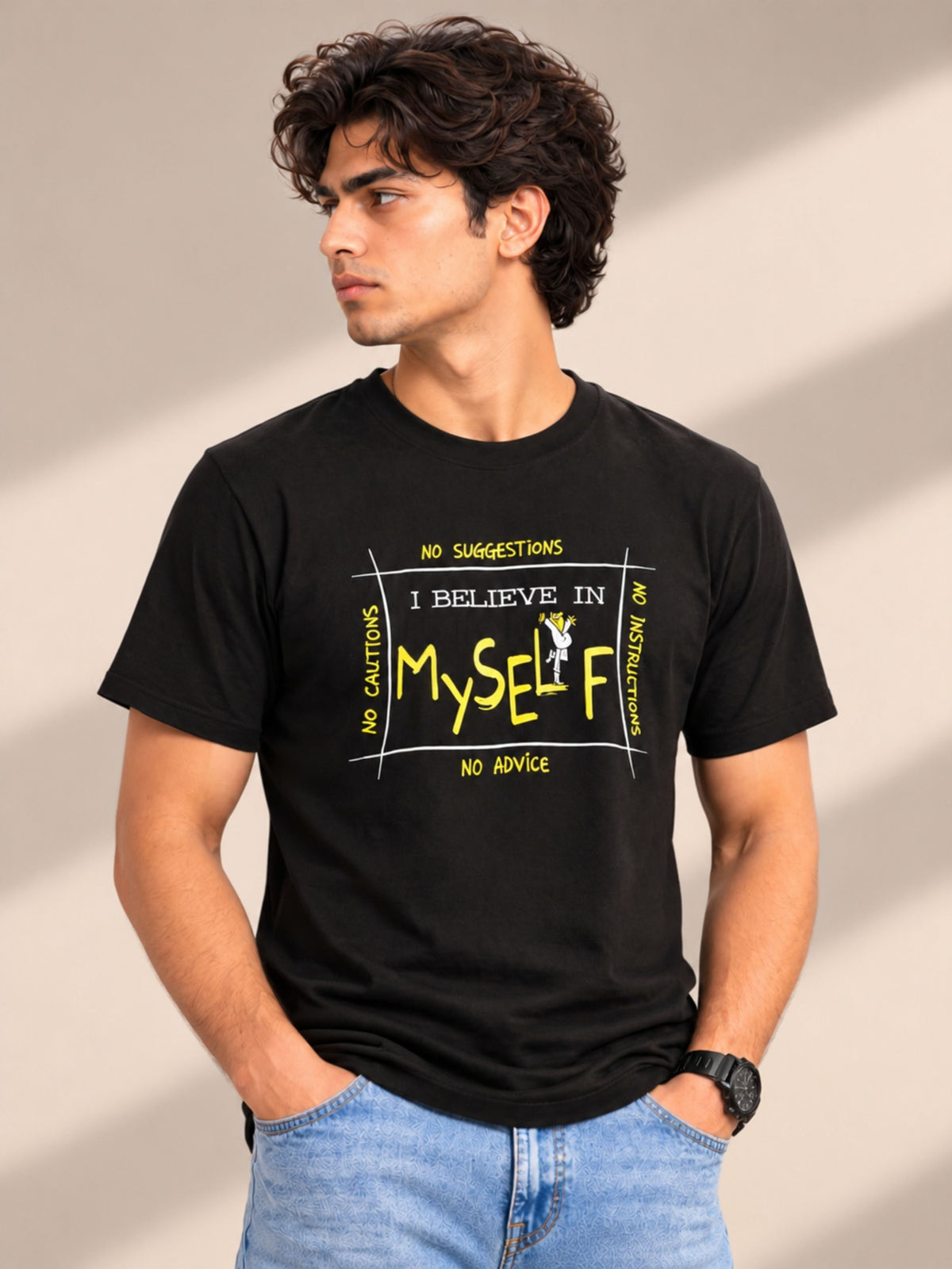 No Cautions, No Suggestions, No Instructions, No Advice. I Believe In Myself black t-shirt by Offbeat, right side