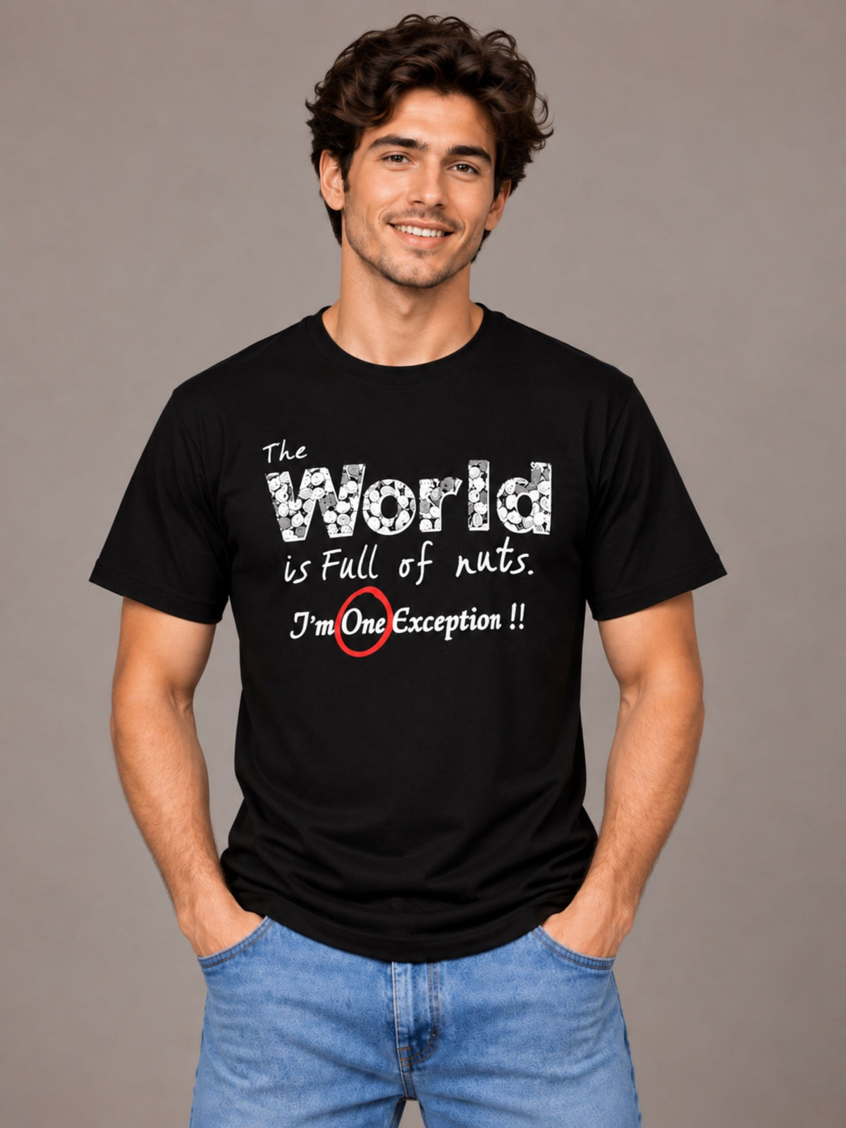 OFFBEAT The World Is Full Of Nuts I'm One Exception!! - Black t-shirt, front view