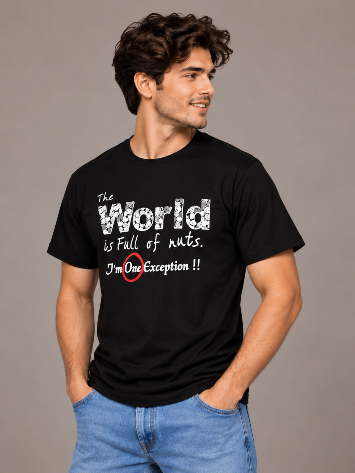 OFFBEAT The World Is Full Of Nuts I'm One Exception!! - Black t-shirt, left view