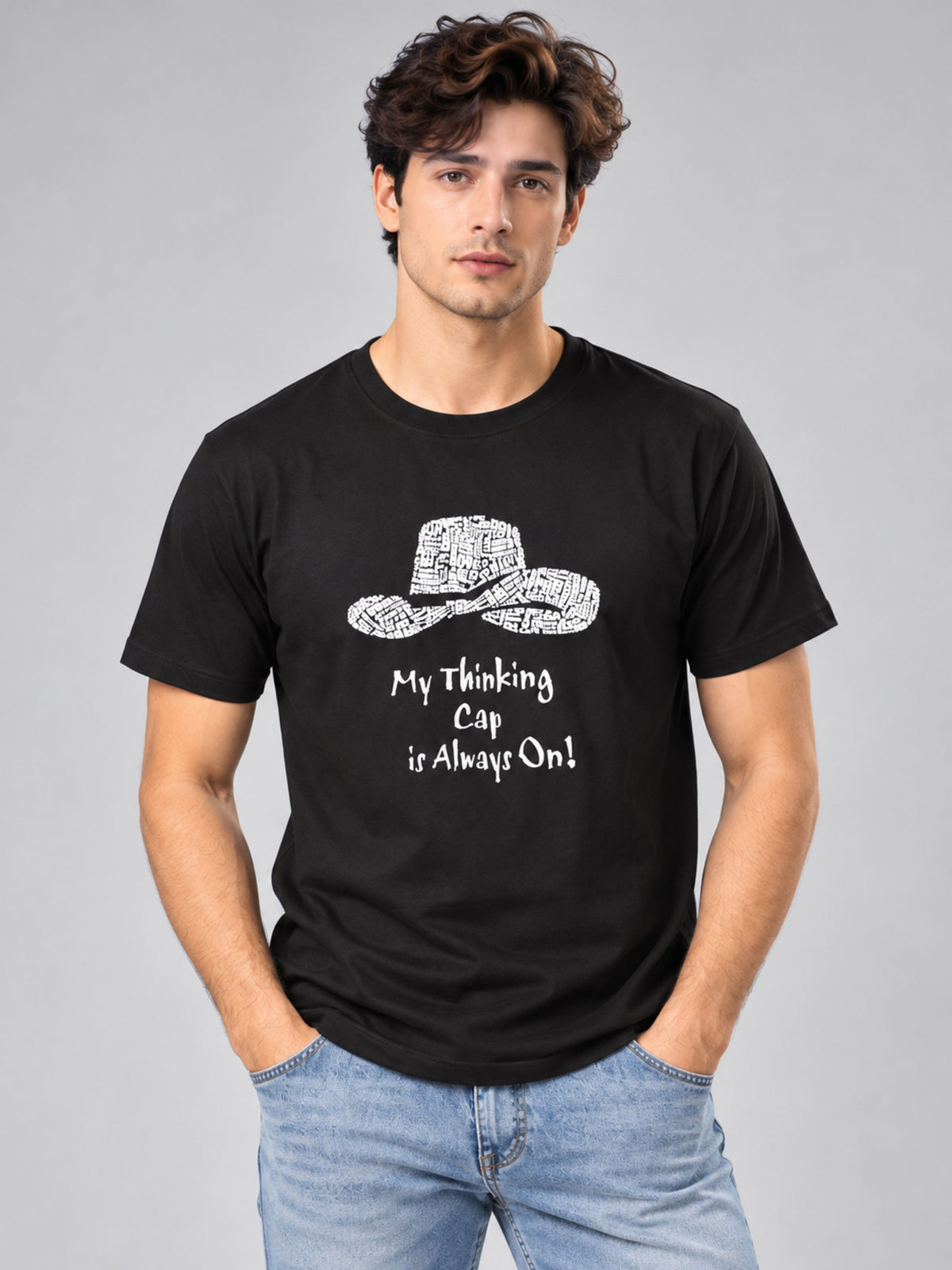 My Thinking Cap Is Always On black t-shirt by Offbeat, front view