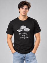 My Thinking Cap Is Always On black t-shirt by Offbeat, front view