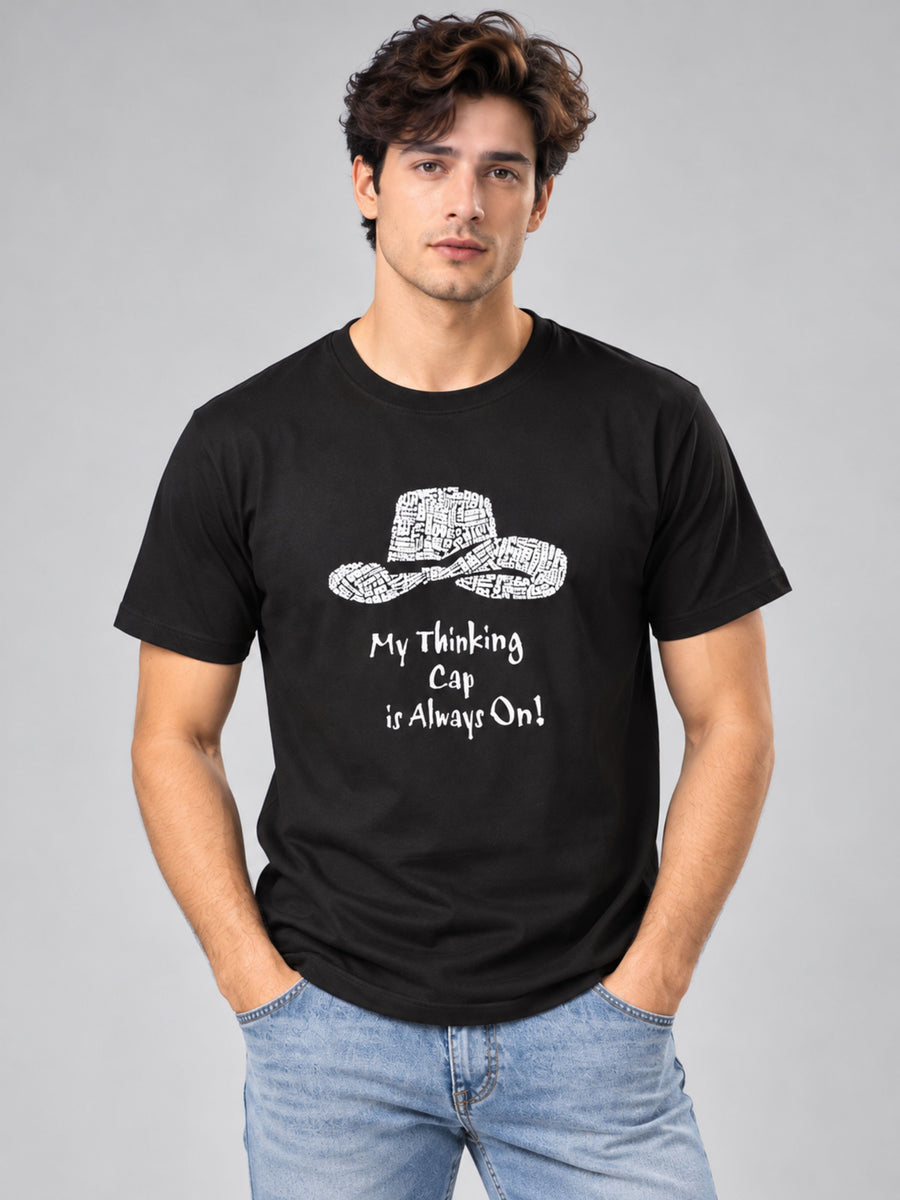 My Thinking Cap Is Always On black t-shirt by Offbeat, front view
