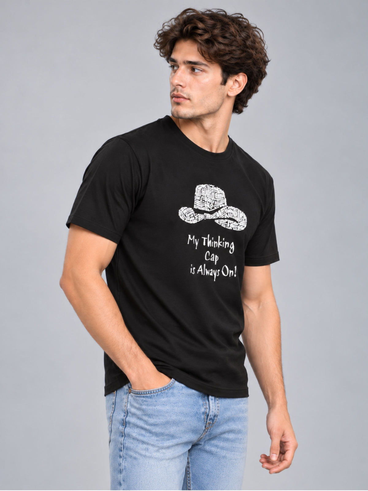 My Thinking Cap Is Always On black t-shirt by Offbeat, left side