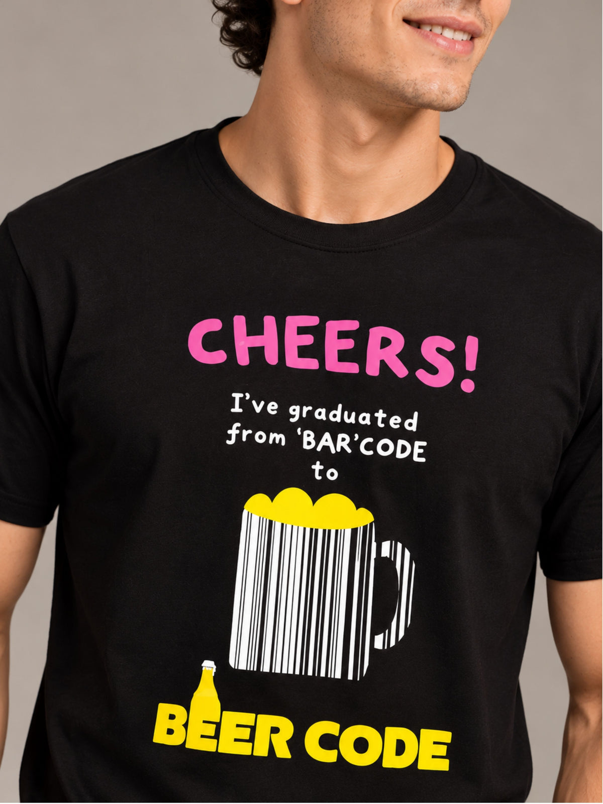 Cheers! I've Graduated From 'Bar' Code To Beer Code black t-shirt by Offbeat, close-up of the illustration