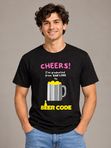 Cheers! I've Graduated From 'Bar' Code To Beer Code black t-shirt by Offbeat, front view