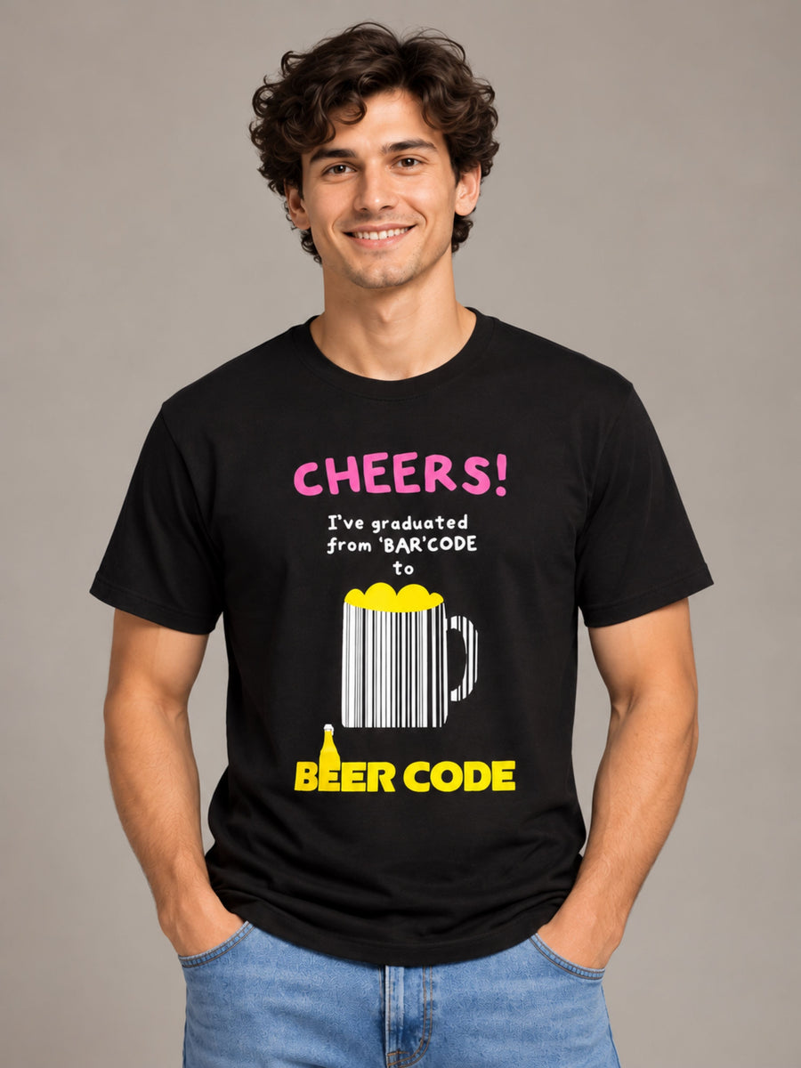 Cheers! I've Graduated From 'Bar' Code To Beer Code black t-shirt by Offbeat, front view