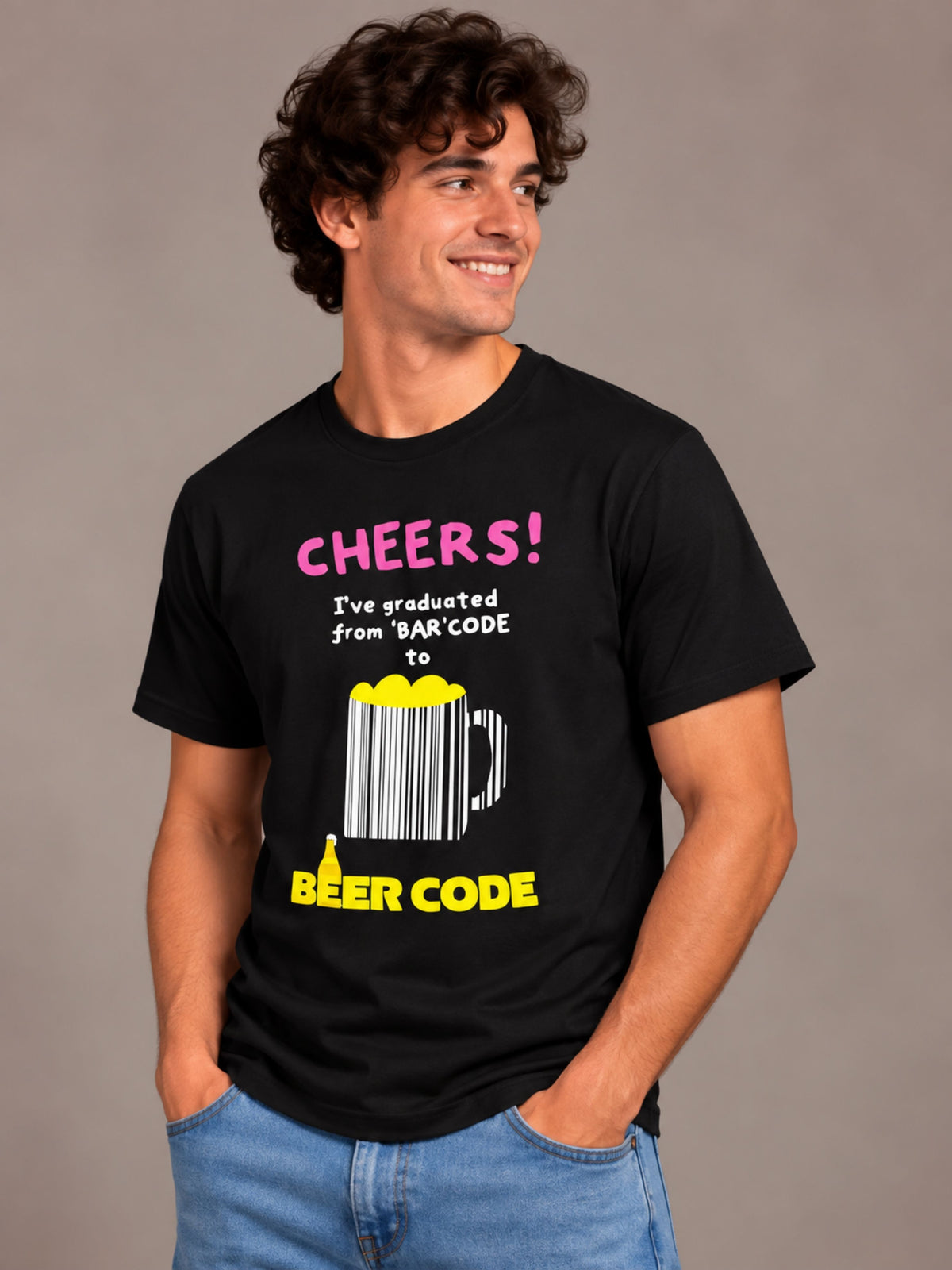 Cheers! I've Graduated From 'Bar' Code To Beer Code black t-shirt by Offbeat, left side