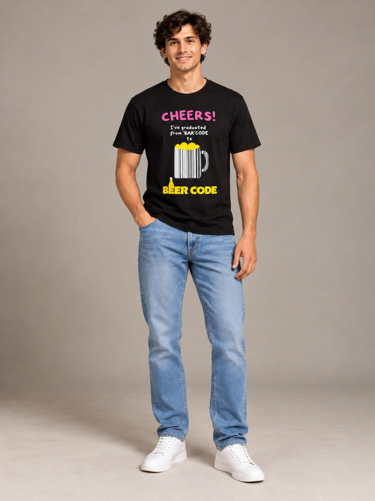 Cheers! I've Graduated From 'Bar' Code To Beer Code black t-shirt by Offbeat, worn by a model