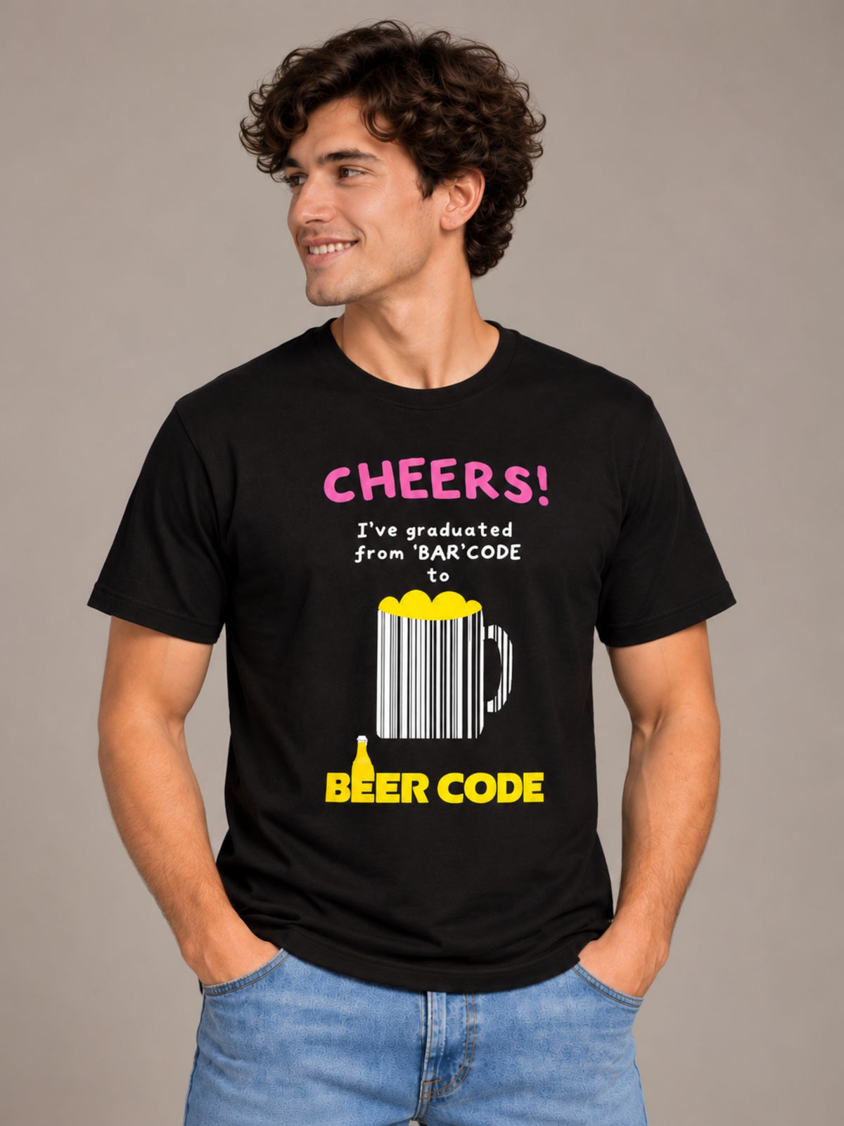 Cheers! I've Graduated From 'Bar' Code To Beer Code black t-shirt by Offbeat, right side