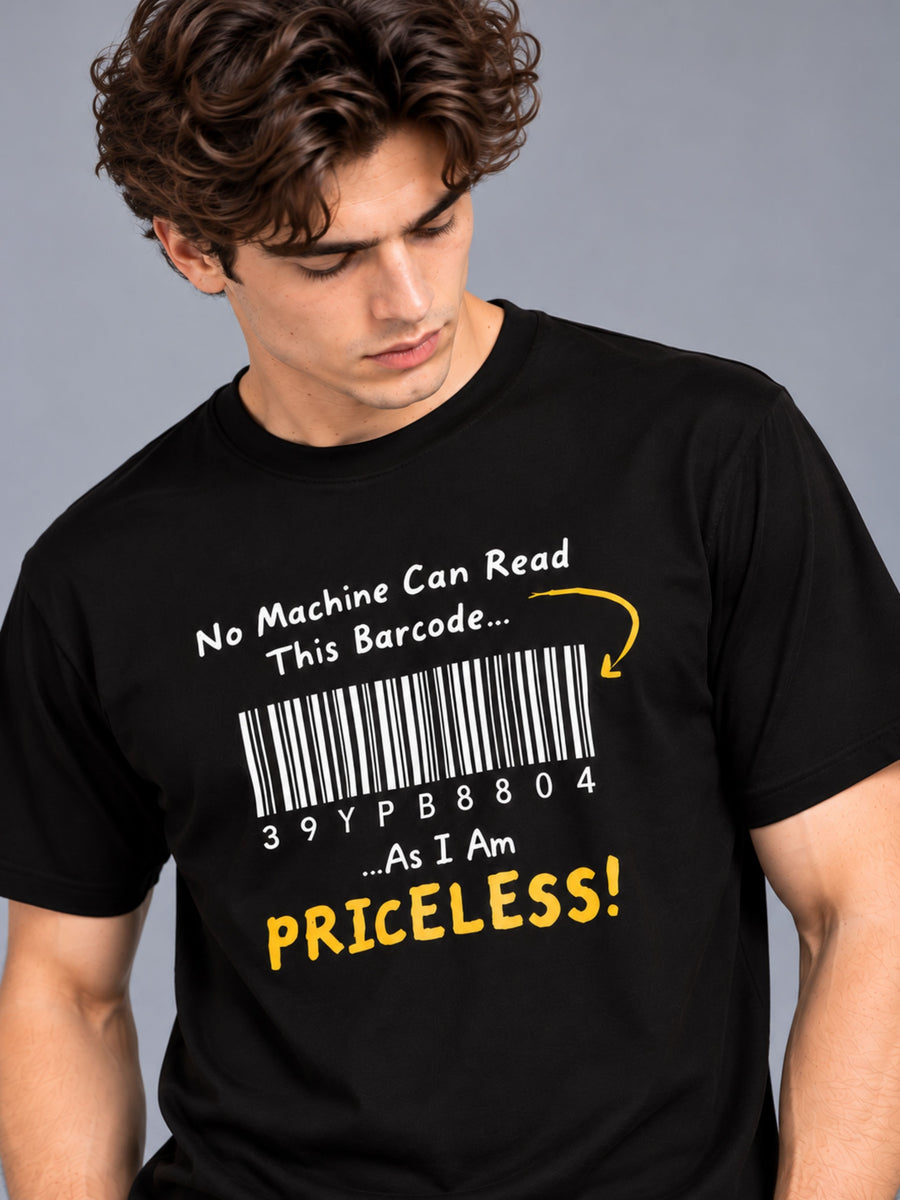 No Machine Can Read This Barcode As I Am Priceless black t-shirt by Offbeat, close-up of the illustration
