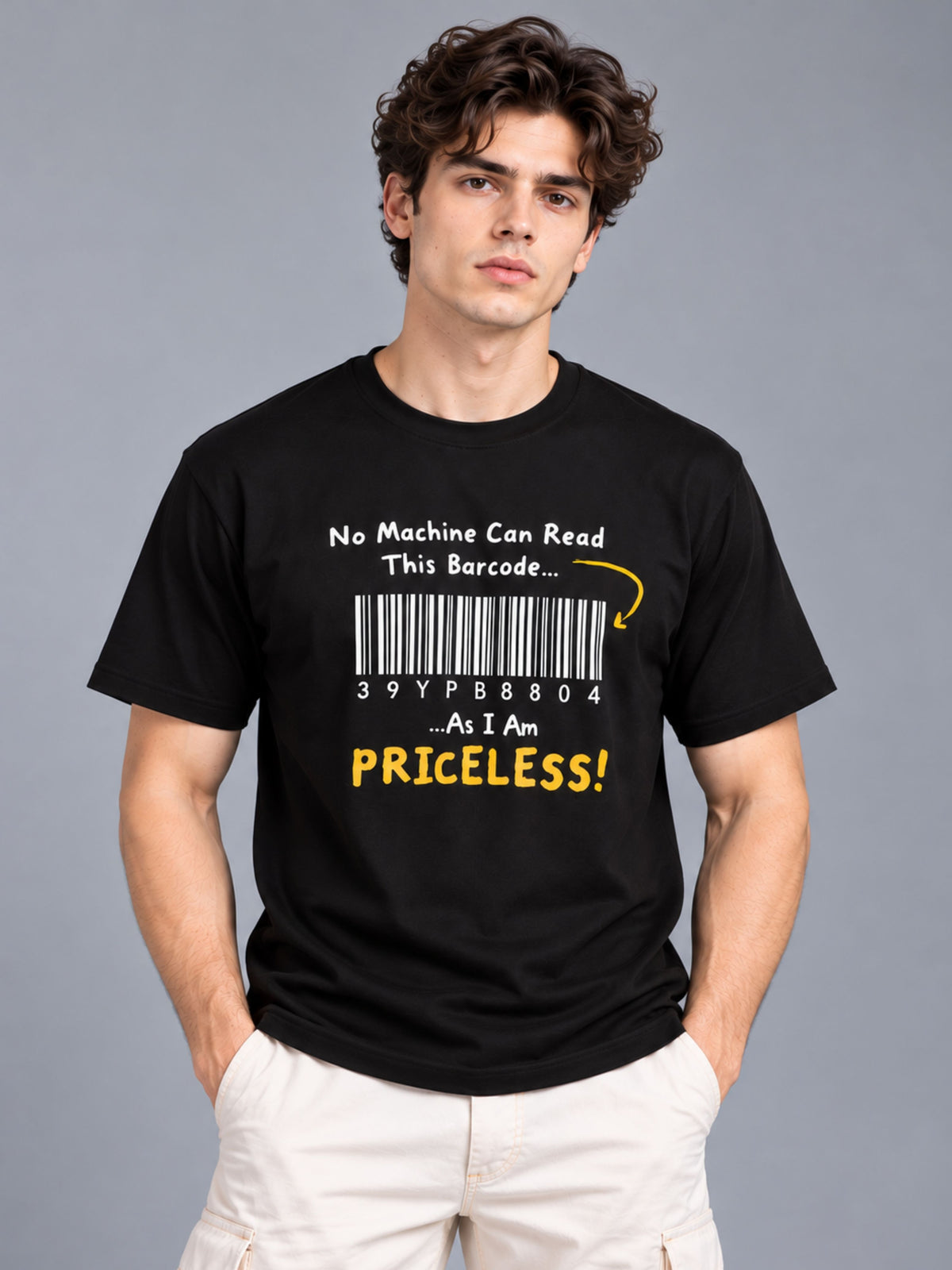 No Machine Can Read This Barcode As I Am Priceless black t-shirt by Offbeat, front view