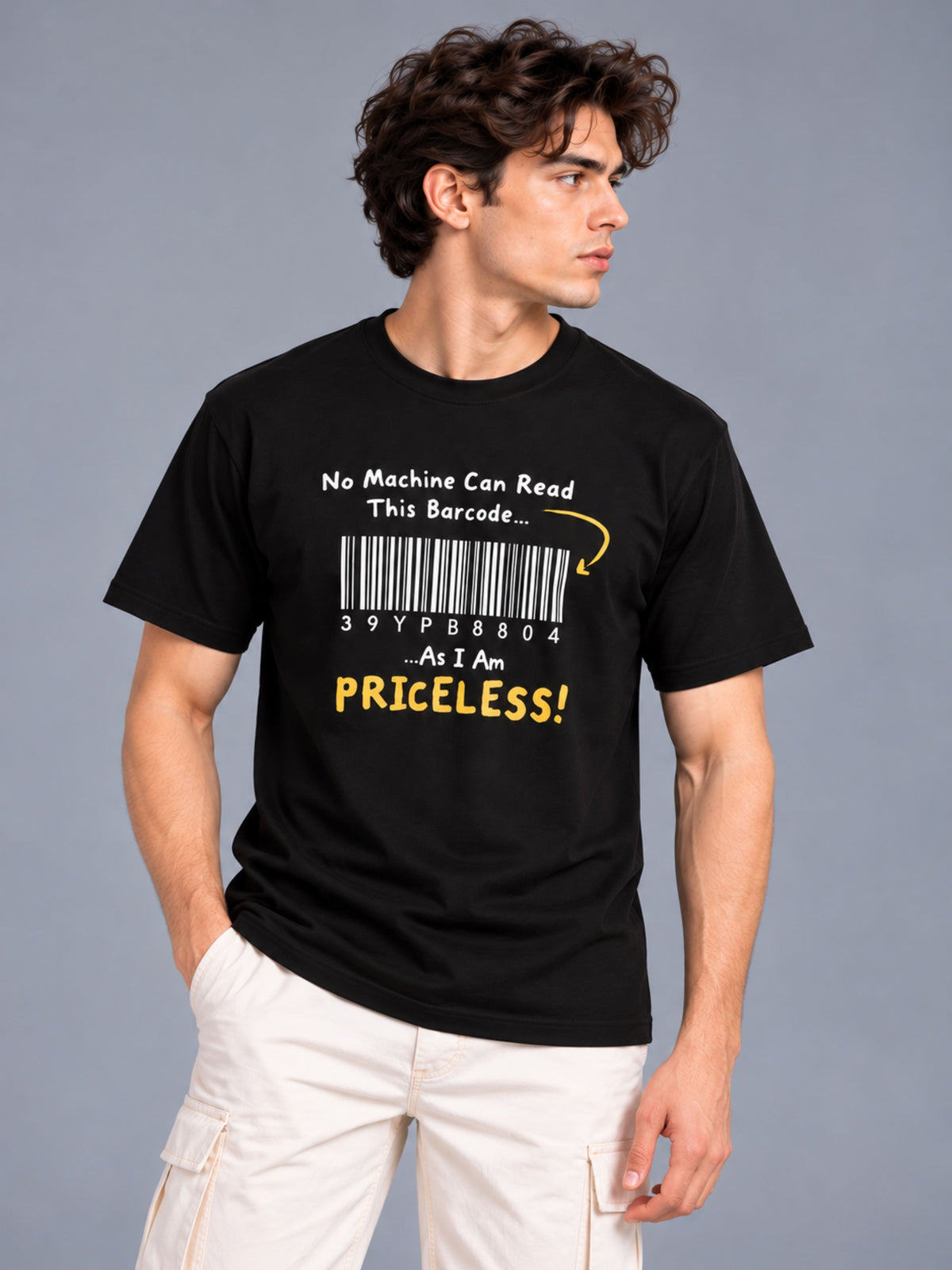 No Machine Can Read This Barcode As I Am Priceless black t-shirt by Offbeat, left side
