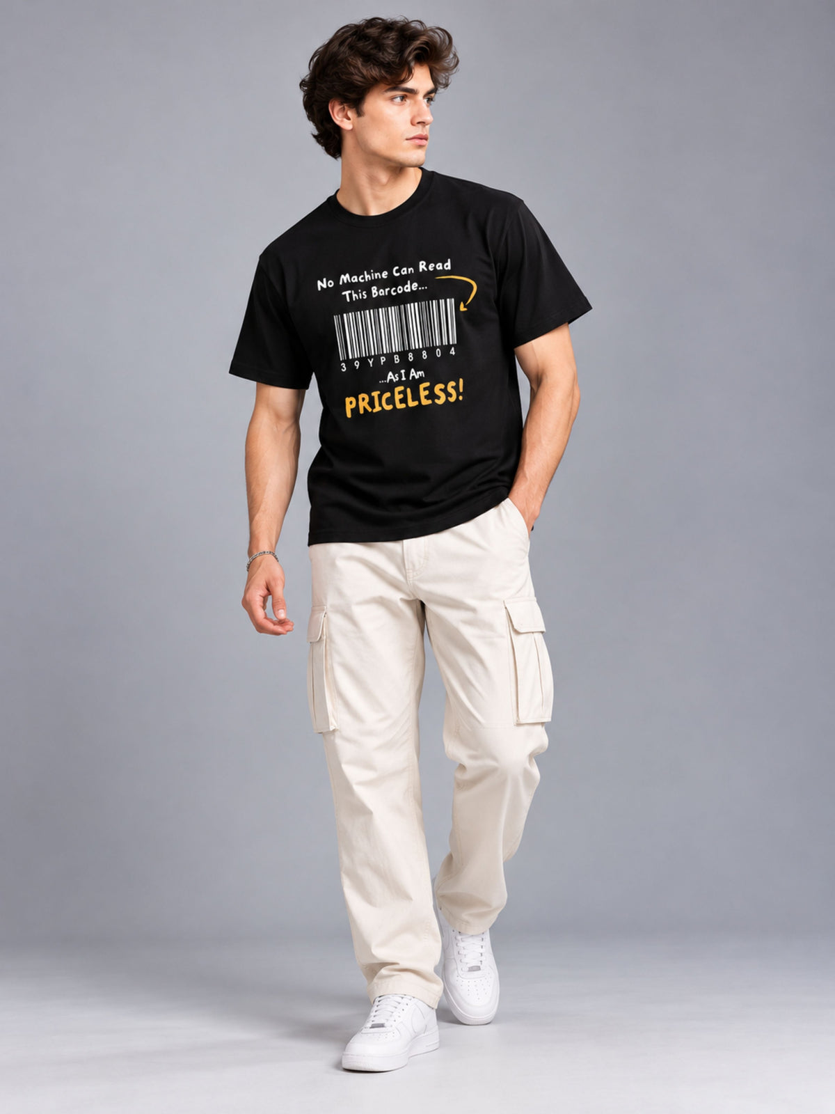 No Machine Can Read This Barcode As I Am Priceless black t-shirt by Offbeat, worn by a model