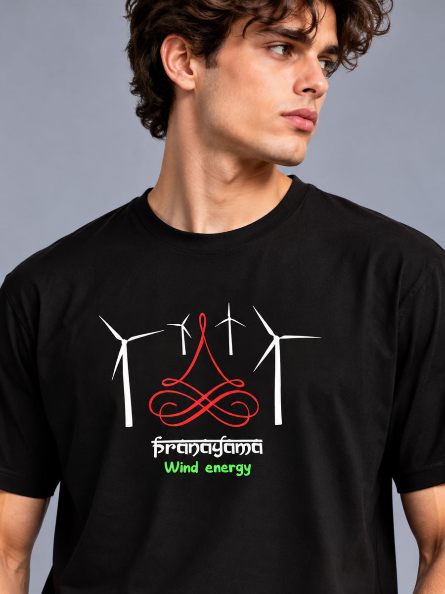 Pranayama Wind Energy black t-shirt by Offbeat, close-up of the illustration