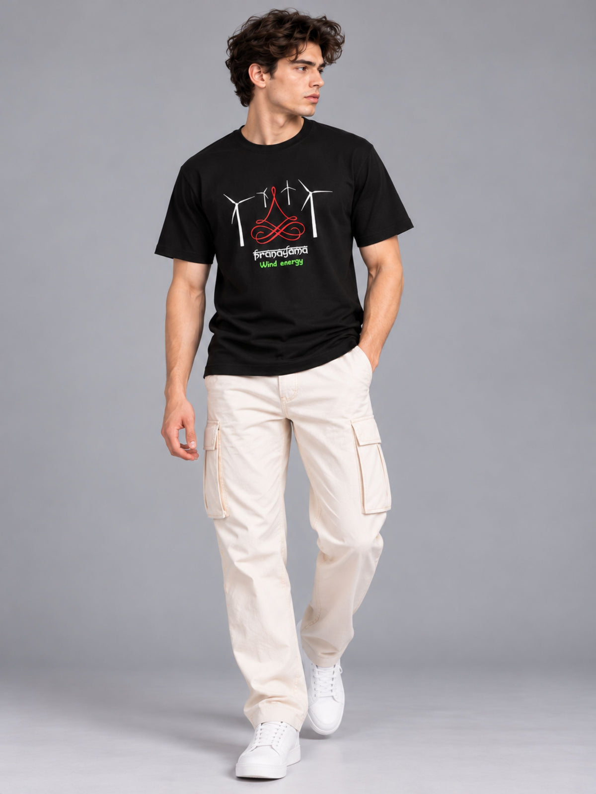Pranayama Wind Energy black t-shirt by Offbeat, worn by a model
