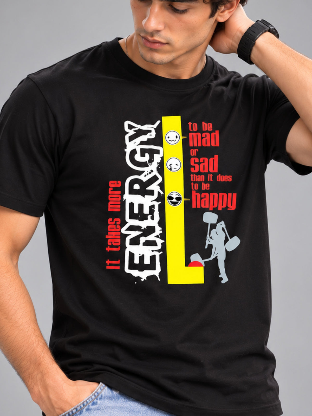 It Takes More Energy black t-shirt by Offbeat, close-up of the illustration