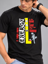 It Takes More Energy black t-shirt by Offbeat, close-up of the illustration