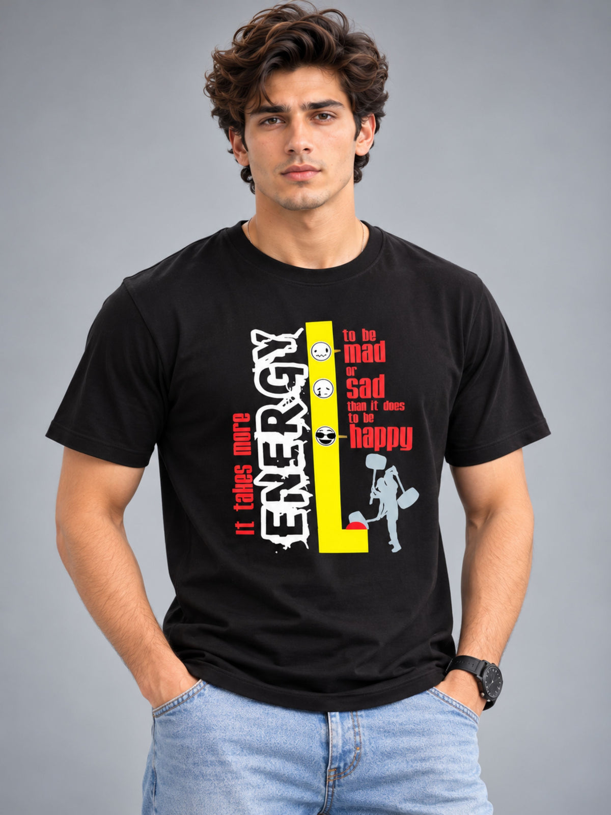 It Takes More Energy black t-shirt by Offbeat, front view