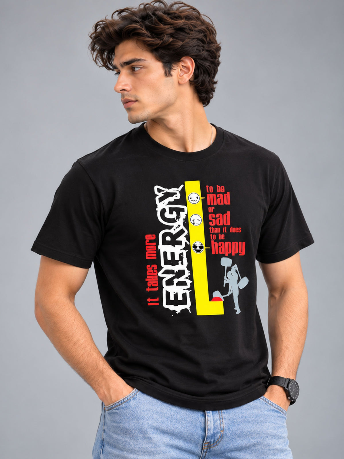 It Takes More Energy black t-shirt by Offbeat, right side