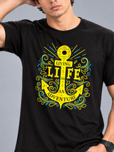 Living Life Is An Adventure black t-shirt by Offbeat, close-up of the illustration