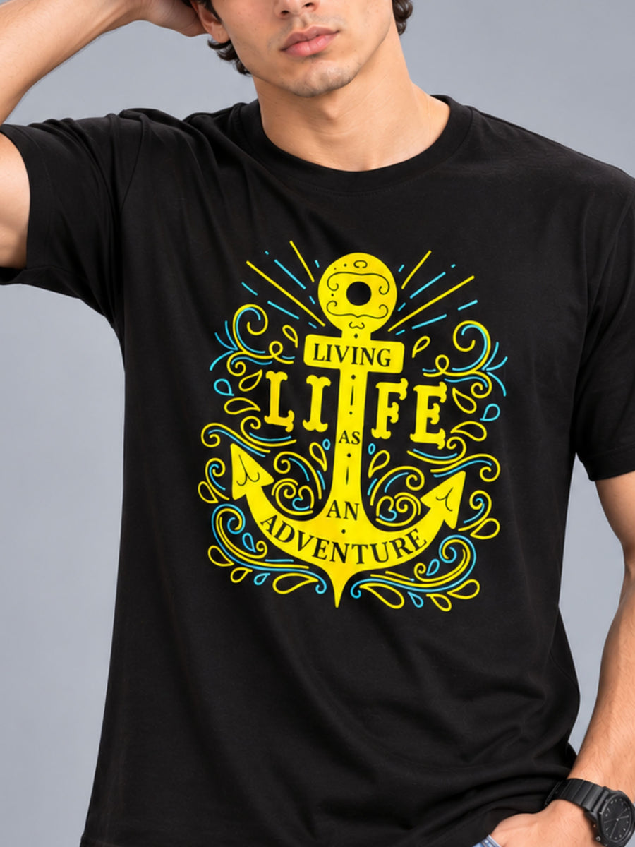Living Life Is An Adventure black t-shirt by Offbeat, close-up of the illustration