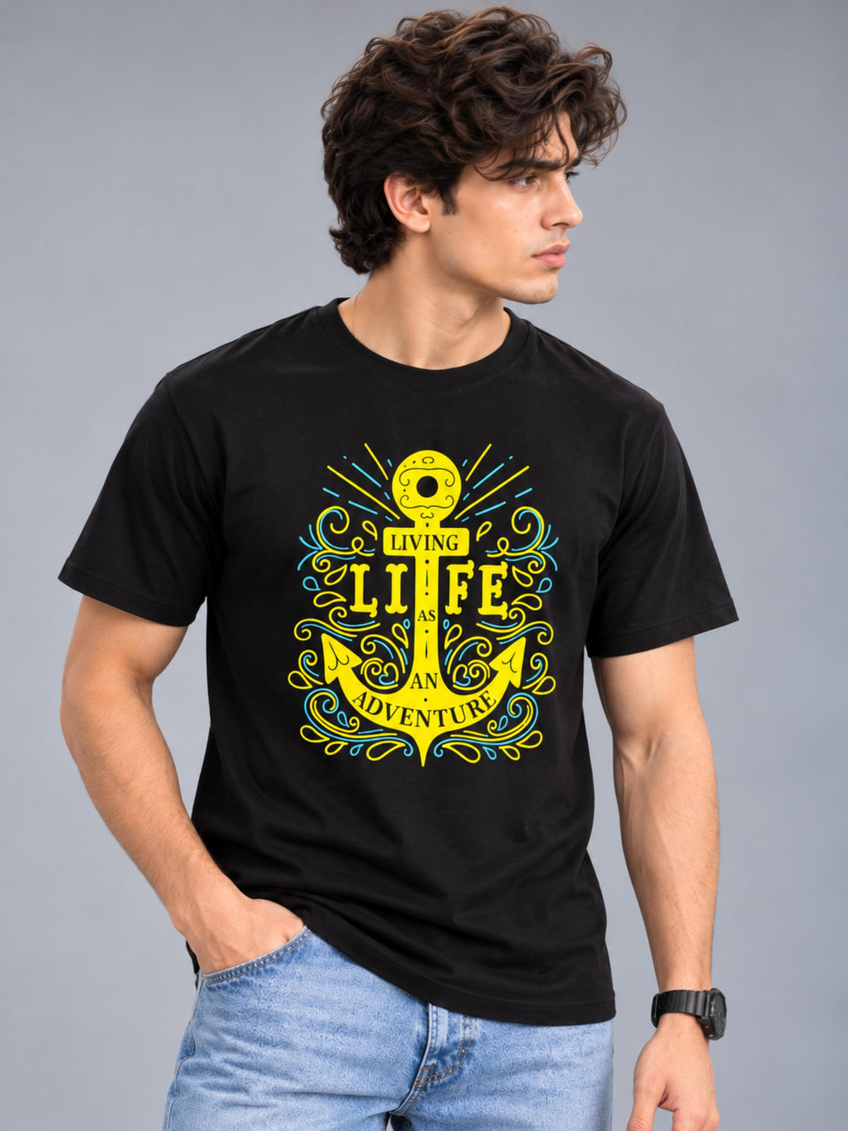 Living Life Is An Adventure black t-shirt by Offbeat, left side