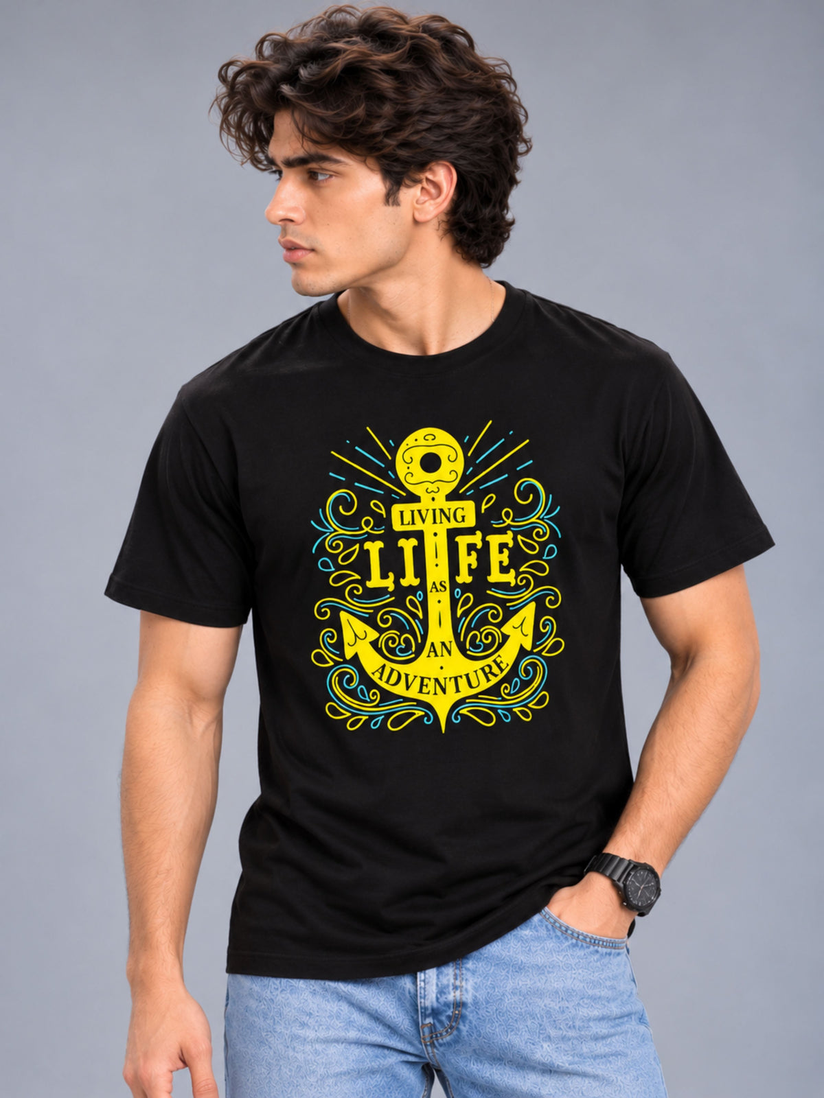 Living Life Is An Adventure black t-shirt by Offbeat, right side