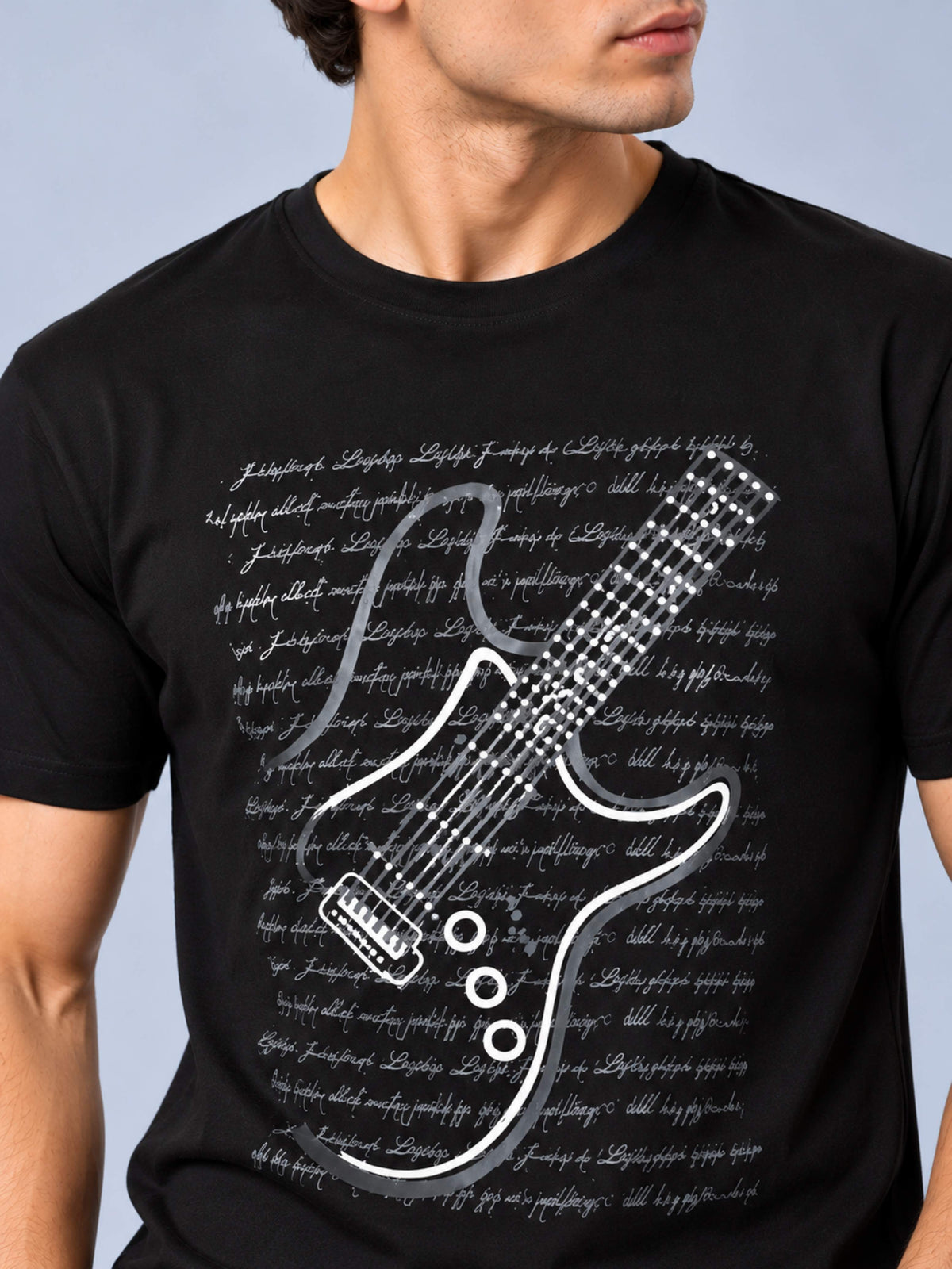 OFFBEAT Guitar - Black t-shirt, focused view
