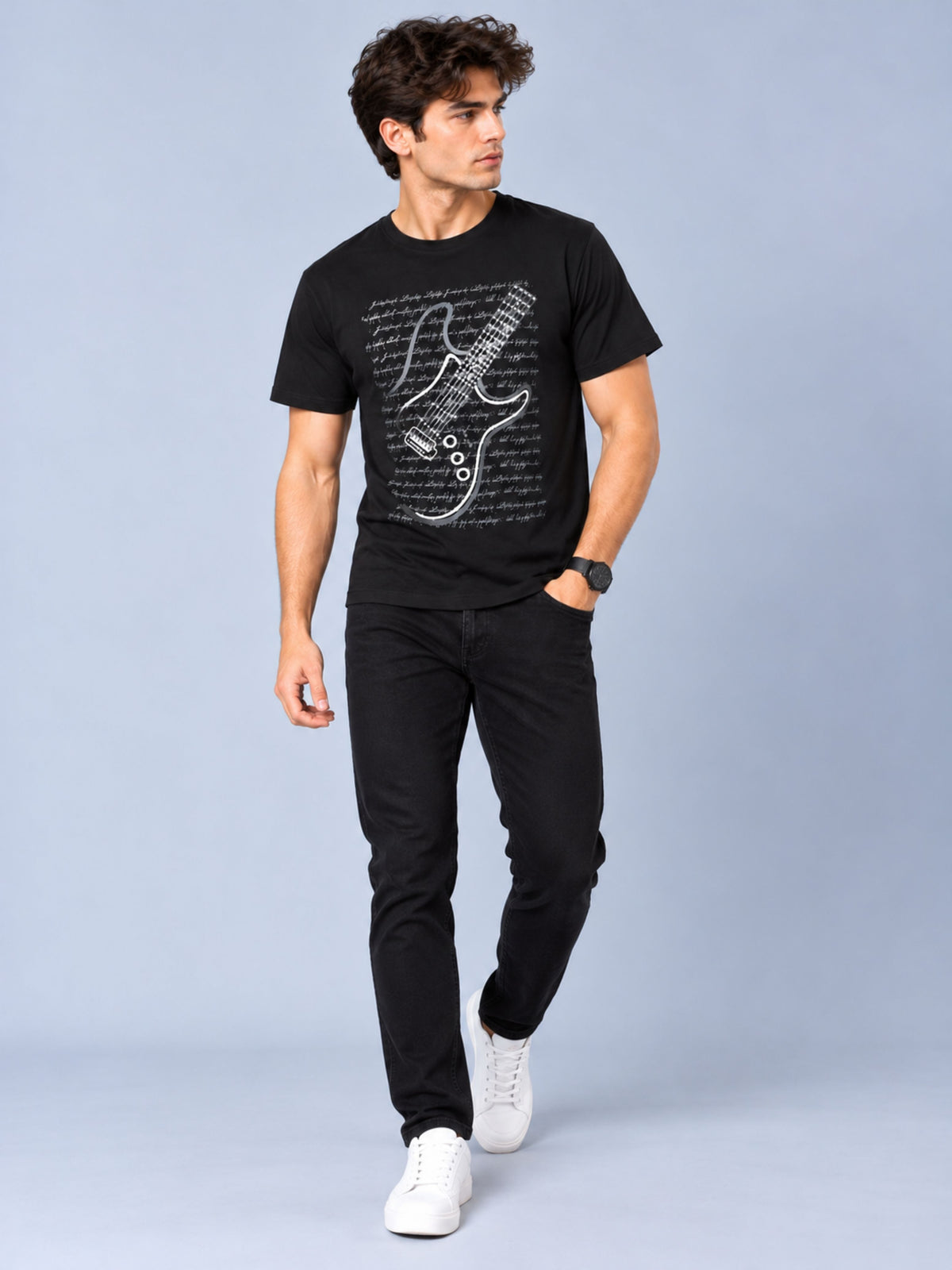 OFFBEAT Guitar - Black t-shirt, lifestyle view