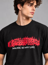 Music Is My Life black t-shirt by Offbeat, close-up of the illustration