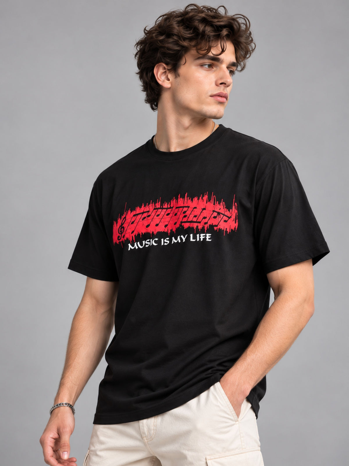 Music Is My Life black t-shirt by Offbeat, left side