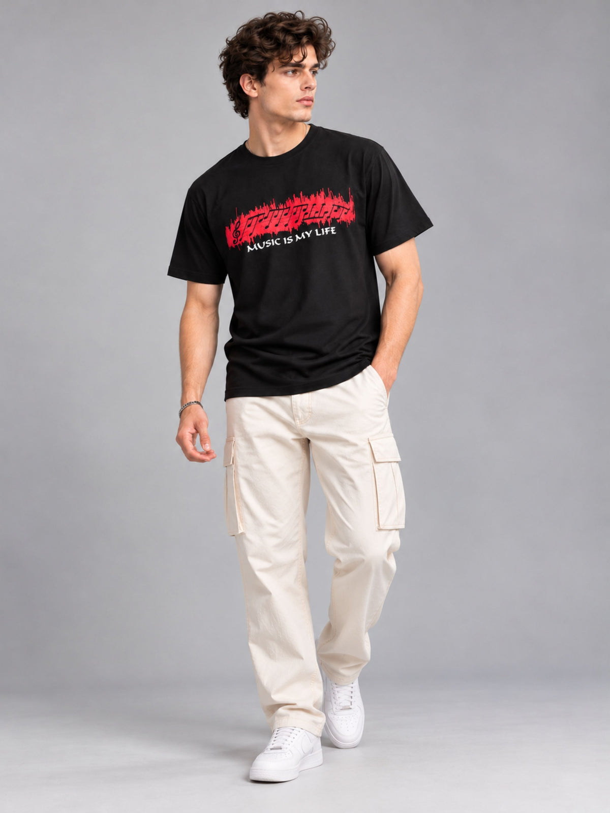Music Is My Life black t-shirt by Offbeat, worn by a model