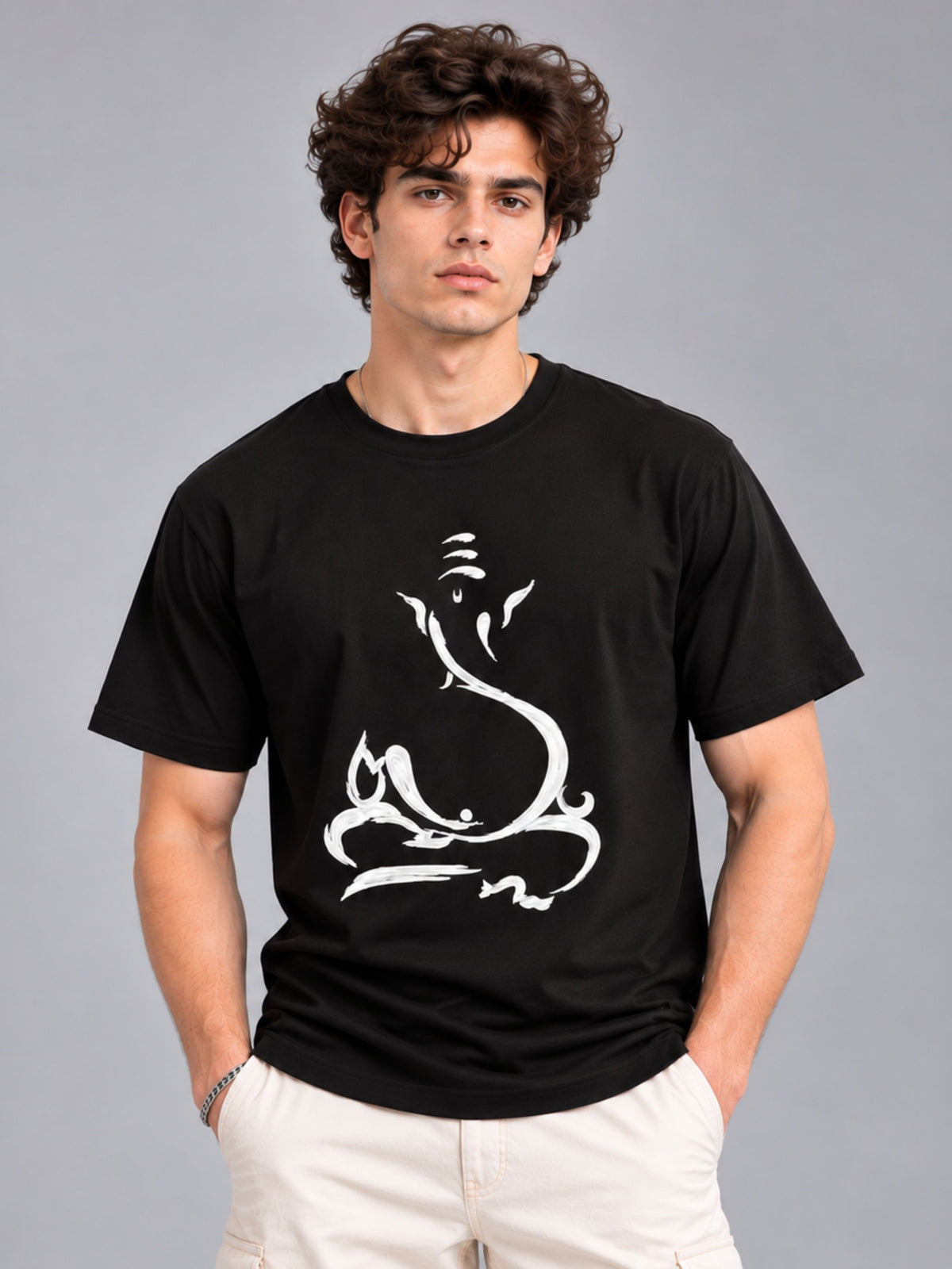 Embossed Ganesha black t-shirt by Offbeat, front view