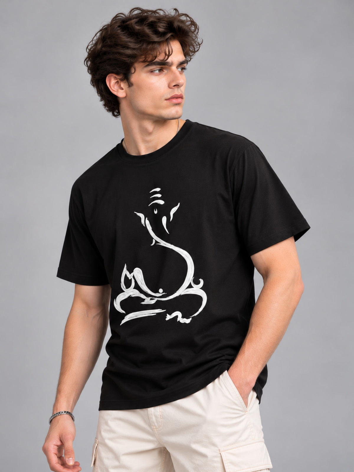 Embossed Ganesha black t-shirt by Offbeat, left side