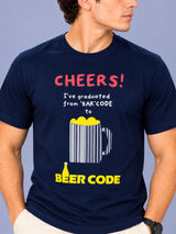 OFFBEAT Cheers!I've Graduated From 'Bar' Code To Beer Code - Navy Blue t-shirt, focused view