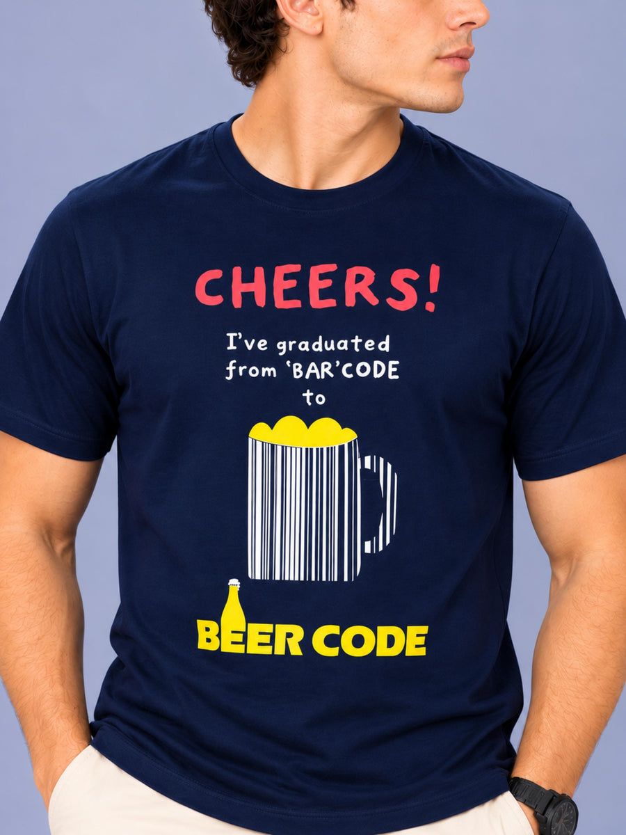 OFFBEAT Cheers!I've Graduated From 'Bar' Code To Beer Code - Navy Blue t-shirt, focused view
