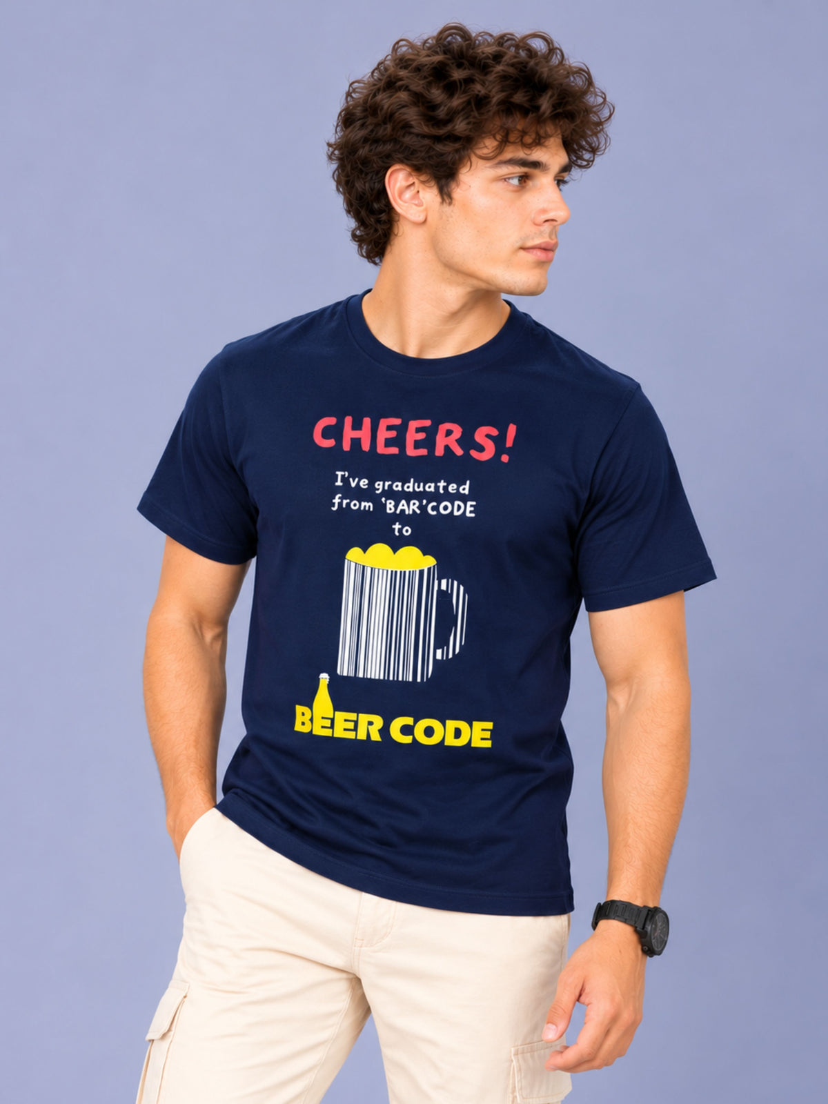 OFFBEAT Cheers!I've Graduated From 'Bar' Code To Beer Code - Navy Blue t-shirt, left view